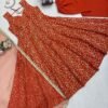 Rust Red Faux Georgette Gown Palazzo Set with Organza Dupatta for women festive wear
