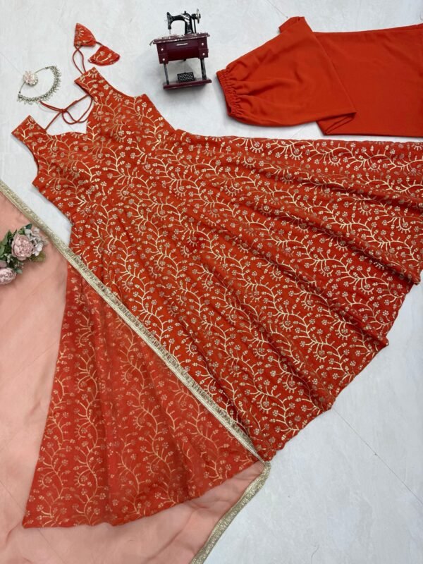 Rust Red Faux Georgette Gown Palazzo Set with Organza Dupatta for women festive wear
