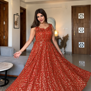 Home Rust Red Faux Georgette Gown Palazzo Set with Organza Dupatta for women festive wear
