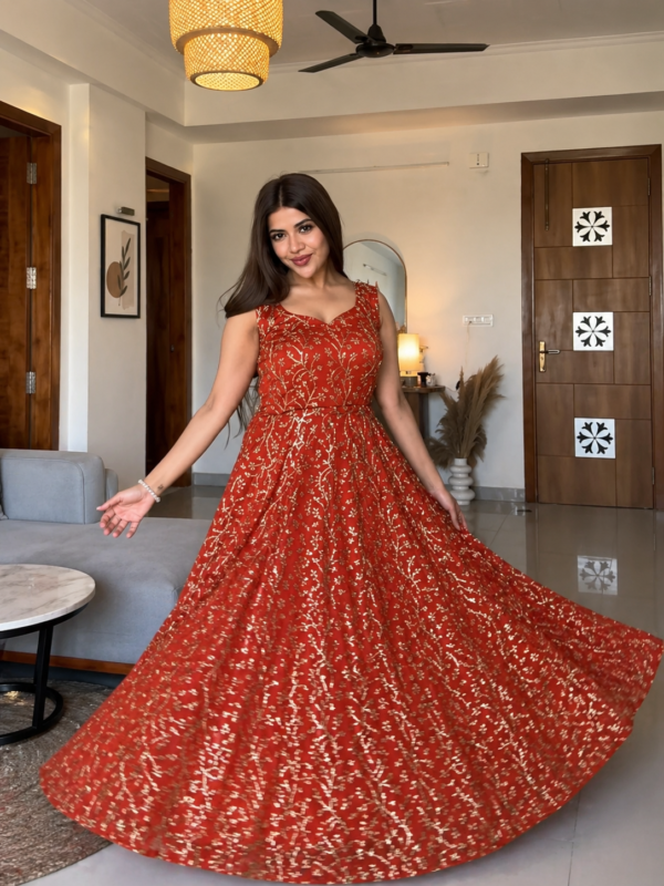Rust Red Faux Georgette Gown Palazzo Set with Organza Dupatta for women festive wear
