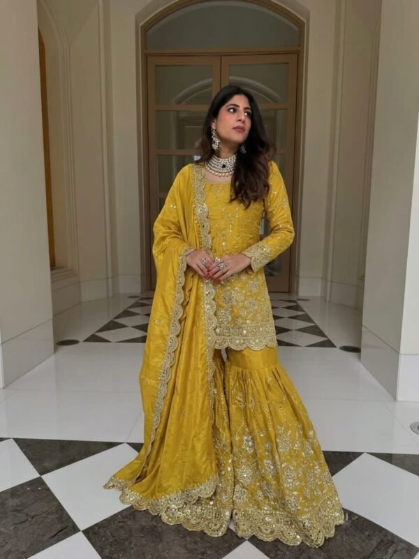 silk sharara suit set with embroidery sequence & real mirror work