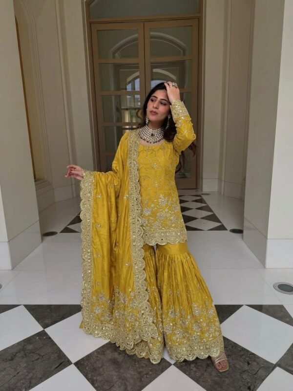 silk sharara suit set with embroidery sequence & real mirror work