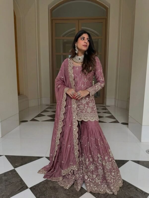 silk sharara suit set with embroidery sequence & real mirror work