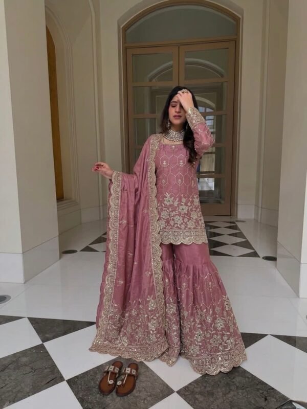 silk sharara suit set with embroidery sequence & real mirror work