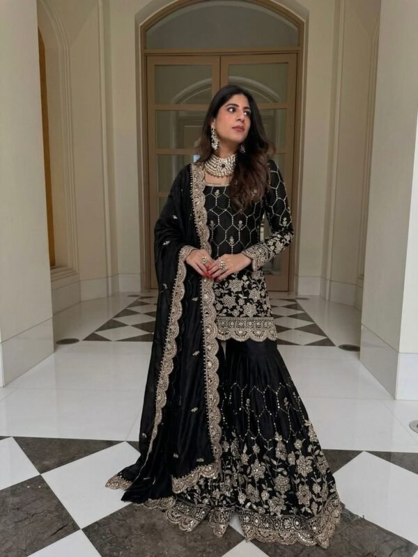 silk sharara suit set with embroidery sequence & real mirror work