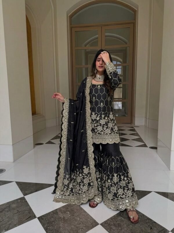 silk sharara suit set with embroidery sequence & real mirror work