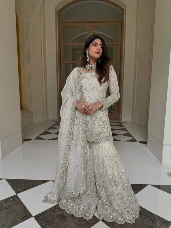 silk sharara suit set with embroidery sequence & real mirror work