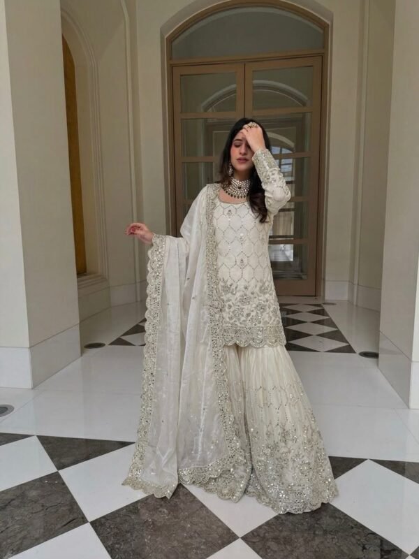 silk sharara suit set with embroidery sequence & real mirror work