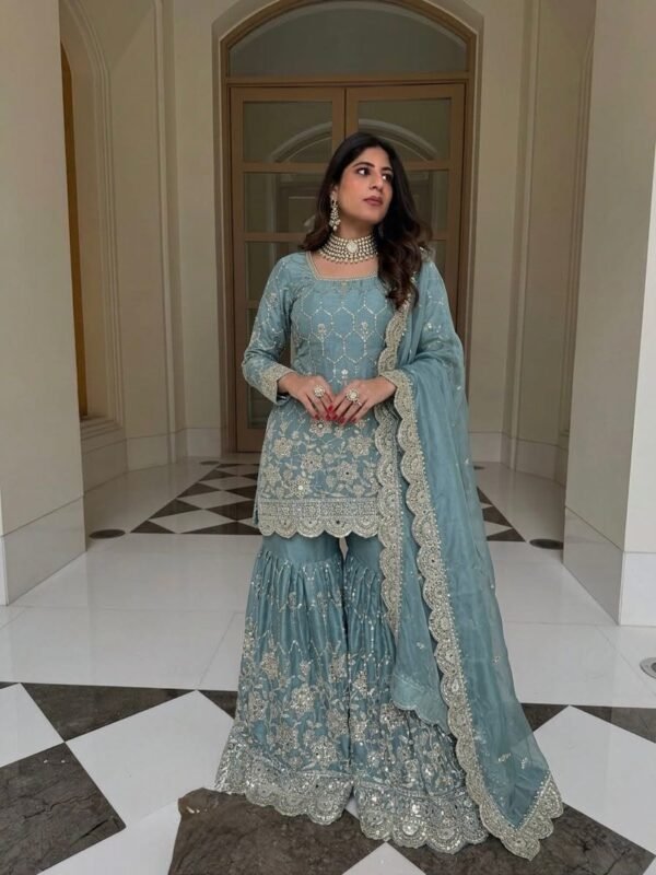 silk sharara suit set with embroidery sequence & real mirror work