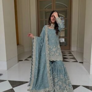 silk sharara suit set with embroidery sequence & real mirror work
