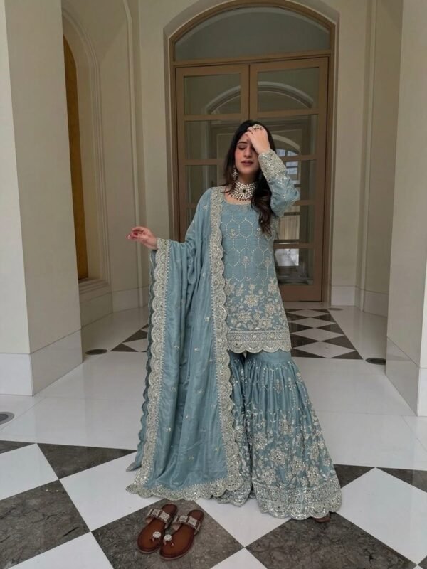 silk sharara suit set with embroidery sequence & real mirror work