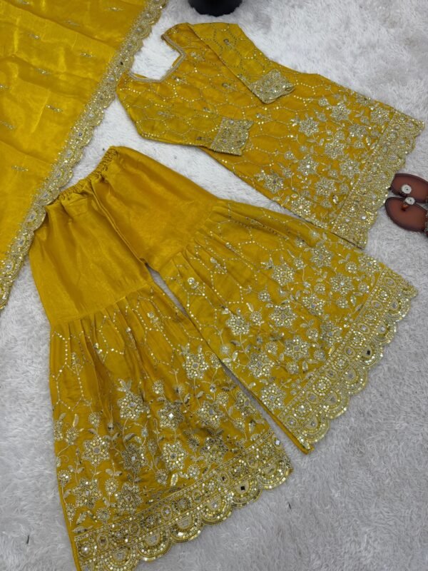 silk sharara suit set with embroidery sequence & real mirror work