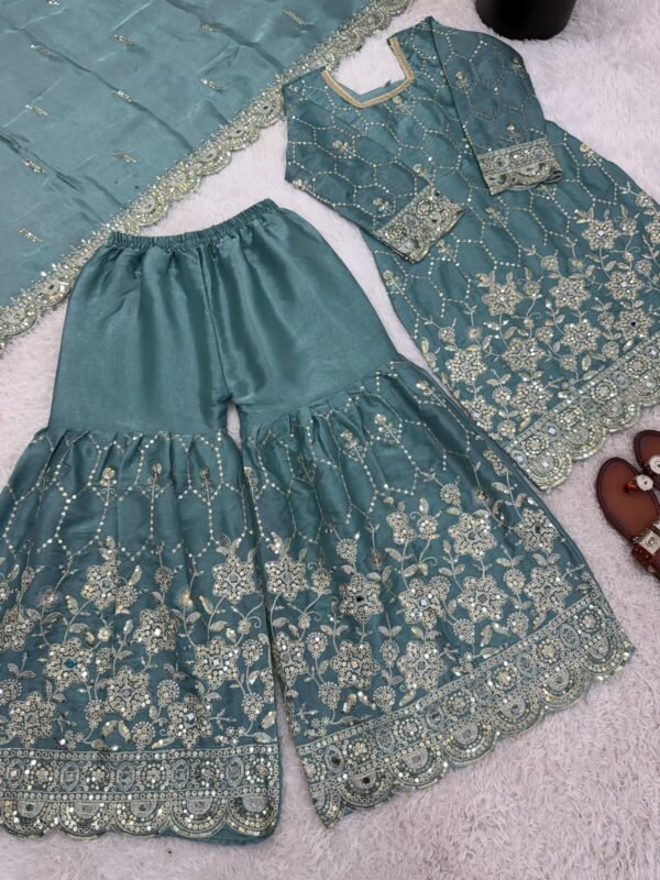 silk sharara suit set with embroidery sequence & real mirror work