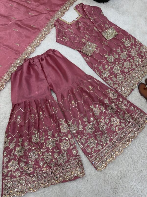 silk sharara suit set with embroidery sequence & real mirror work