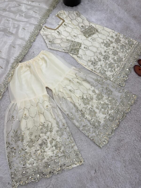 silk sharara suit set with embroidery sequence & real mirror work