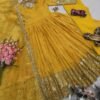 heavy gold crush embroidered gown set with dupatta & pant