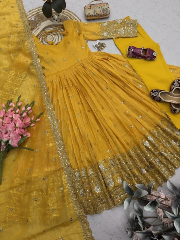 heavy gold crush embroidered gown set with dupatta & pant