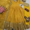 heavy gold crush embroidered gown set with dupatta & pant