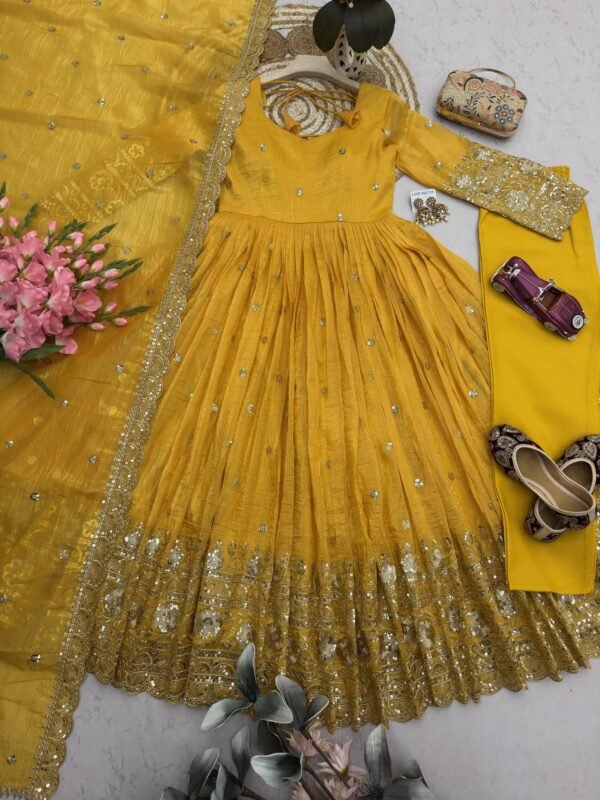 heavy gold crush embroidered gown set with dupatta & pant