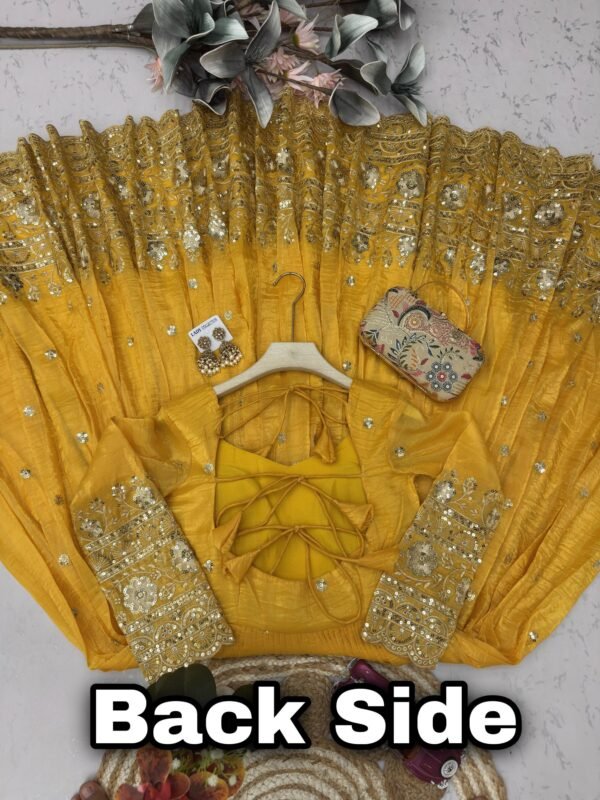 heavy gold crush embroidered gown set with dupatta & pant