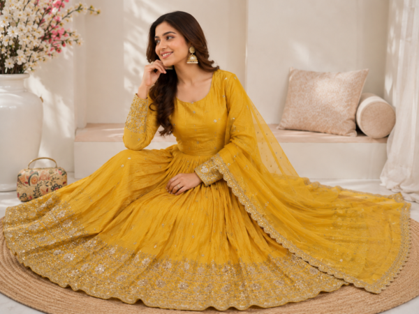 heavy gold crush embroidered gown set with dupatta & pant