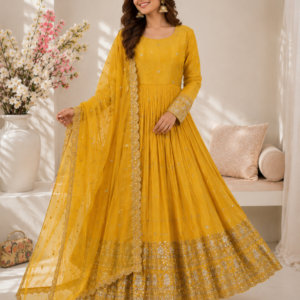 heavy gold crush embroidered gown set with dupatta & pant