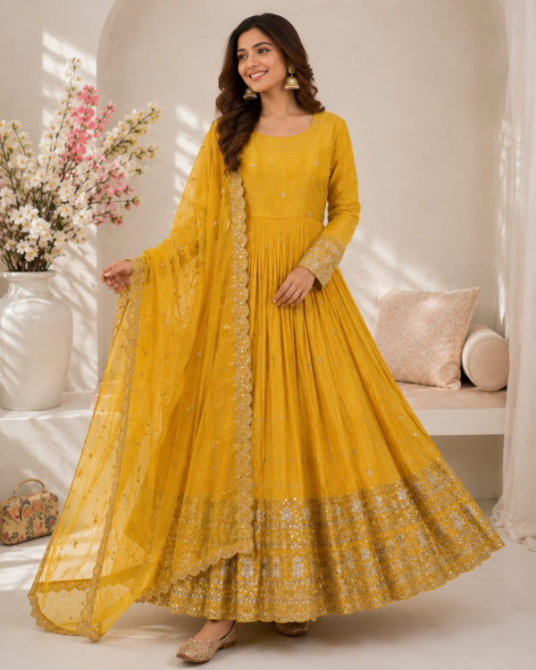 heavy gold crush embroidered gown set with dupatta & pant