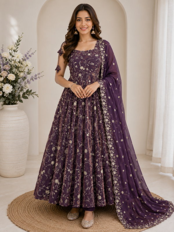 premium fendy silk gown sharara set with embroidered dupatta
