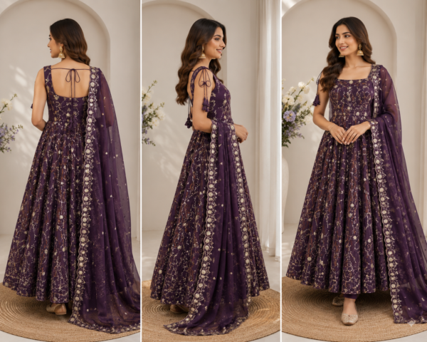 premium fendy silk gown sharara set with embroidered dupatta