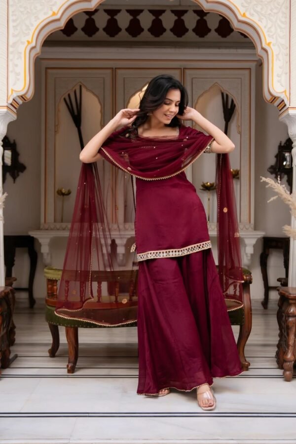 faux georgette kurti palazzo set with real mirror work & embroidered dupatta