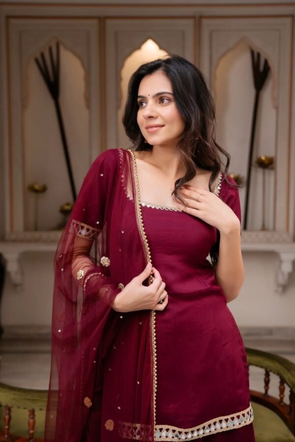 faux georgette kurti palazzo set with real mirror work & embroidered dupatta