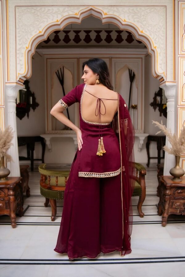 faux georgette kurti palazzo set with real mirror work & embroidered dupatta