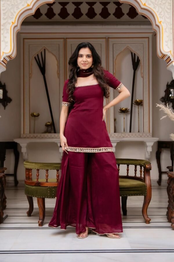 faux georgette kurti palazzo set with real mirror work & embroidered dupatta