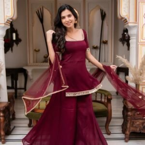 faux georgette kurti palazzo set with real mirror work & embroidered dupatta