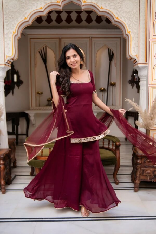 faux georgette kurti palazzo set with real mirror work & embroidered dupatta