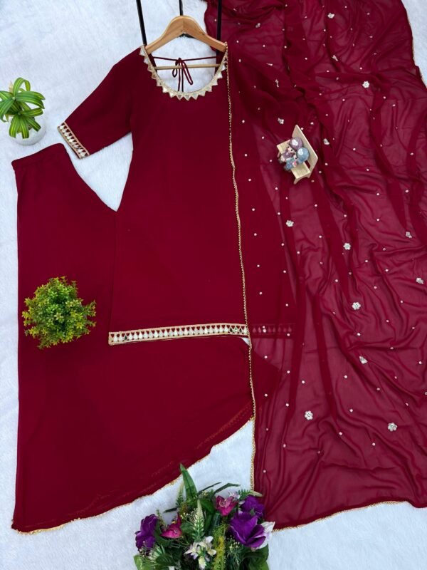 faux georgette kurti palazzo set with real mirror work & embroidered dupatta