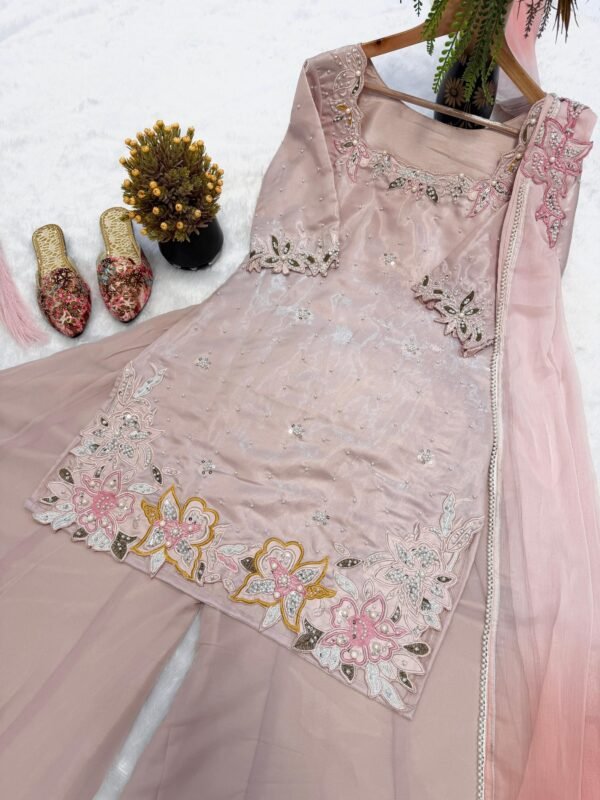 roman glass silk sharara suit set with embroidered top & chiffon dupatta