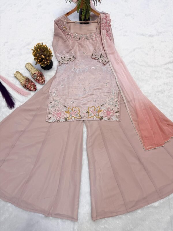 roman glass silk sharara suit set with embroidered top & chiffon dupatta