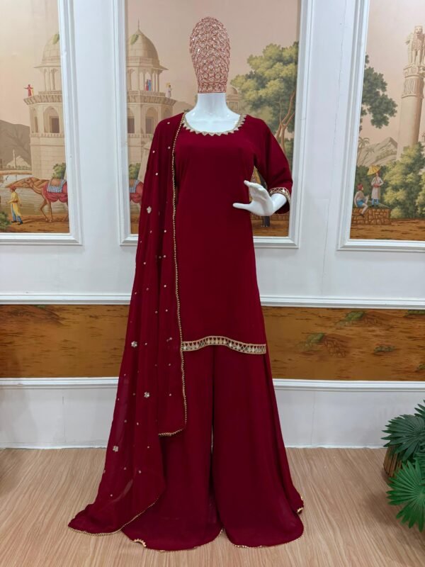faux georgette kurti palazzo set with real mirror work & embroidered dupatta