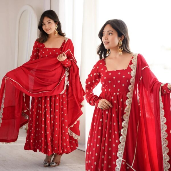 heavy chinon silk anarkali suit set with embroidered dupatta