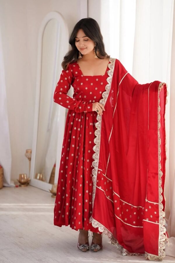 heavy chinon silk anarkali suit set with embroidered dupatta