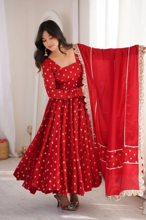heavy chinon silk anarkali suit set with embroidered dupatta