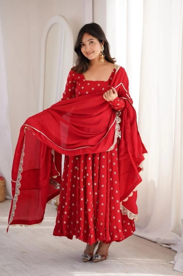 heavy chinon silk anarkali suit set with embroidered dupatta