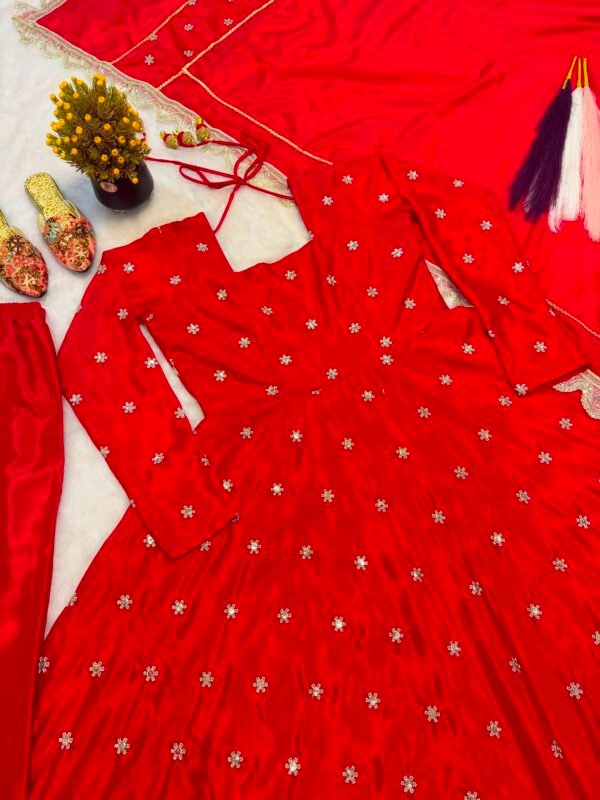 heavy chinon silk anarkali suit set with embroidered dupatta