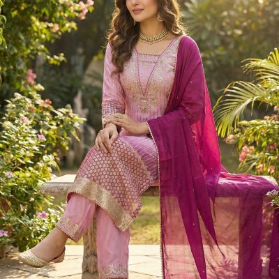 Blush Pink Ombre Chinon Silk Embroidered Kurta Set with Wine Dupatta for women festive wear