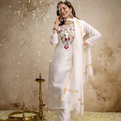 white embroidered straight suit with dupatta for women elegant festive ethnic wear for women festive wear