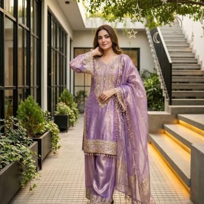 Cart lavender chinon silk suit set with zari embroidery and dupatta for women festive wear for women festive wear