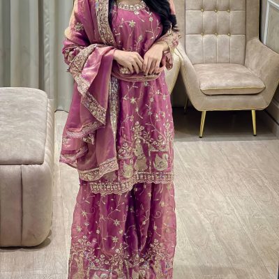 wine purple chinon silk sharara suit with heavy embroidery and dupatta for women wedding wear for women festive wear