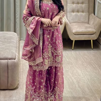 Cart wine purple chinon silk sharara suit with heavy embroidery and dupatta for women wedding wear for women festive wear