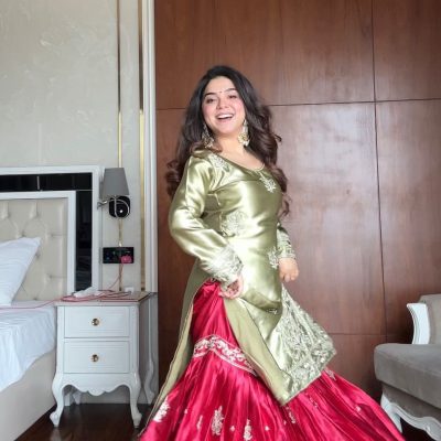 olive green silk kurta with red flared lehenga skirt embroidered festive wear for women festive wear